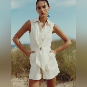 Reiss Ema Linen Tie Front Playsuit Romper Cream Sleeveless Resort Summer Size 0